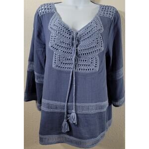 Chico's Blue Crochet Bodice & Shoulders V Neck Top 1 Medium Lightweight Soft
